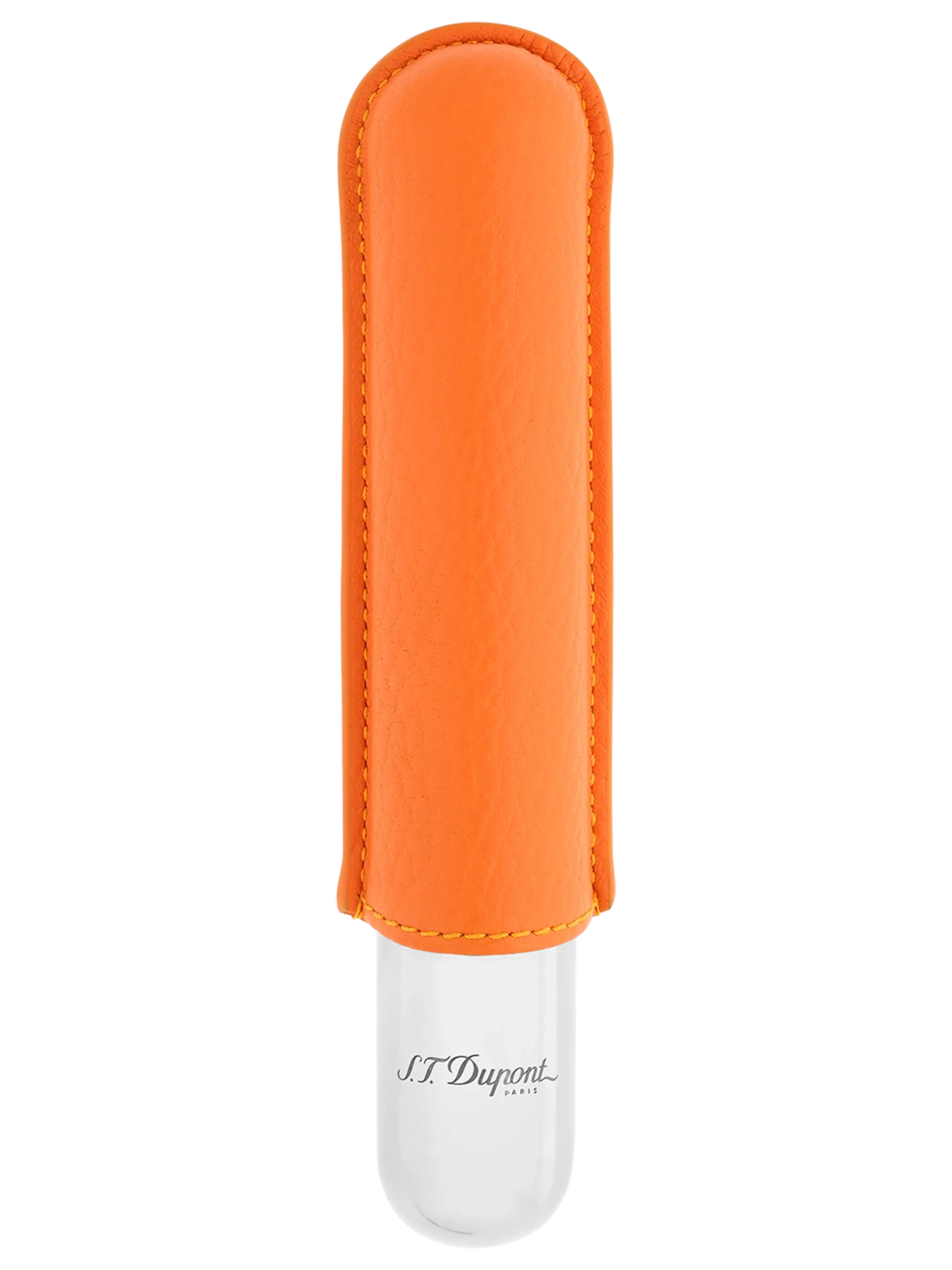 Vue de face de l’étui à cigares S.T. Dupont simple, en cuir grainé pleine fleur et métal chrome orange, un modèle moderne et sophistiqué.