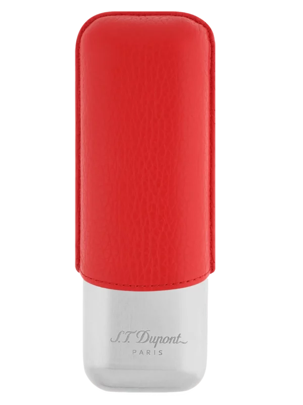 Vue de face de l’étui à cigares S.T. Dupont double, en cuir grainé pleine fleur et métal chrome rouge, un modèle audacieux et élégant.