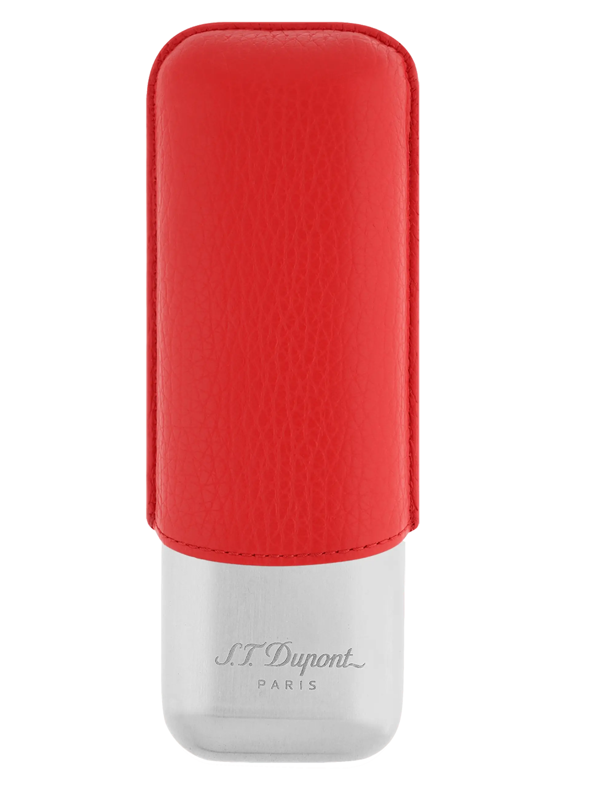 Vue de face de l’étui à cigares S.T. Dupont double, en cuir grainé pleine fleur et métal chrome rouge, un modèle audacieux et élégant.