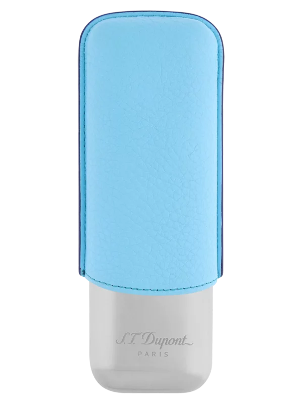 Vue de face de l’étui à cigares S.T. Dupont double, en cuir grainé pleine fleur et métal chrome turquoise, un accessoire vibrant et élégant.