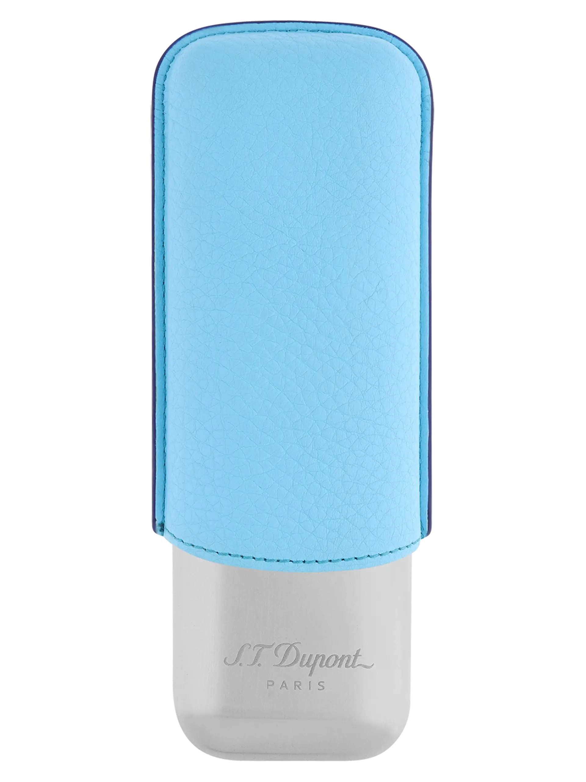 Vue de face de l’étui à cigares S.T. Dupont double, en cuir grainé pleine fleur et métal chrome turquoise, un accessoire vibrant et élégant.