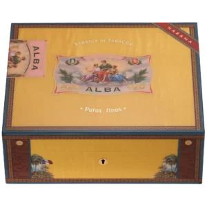 Vue de dessus de la cave à cigares Elie Bleu Flor de Alba jaune, modèle 75 cigares, disponible chez A La Civette.