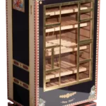 Cave à cigares Elie Bleu Flor de Alba noir, vue trois quarts, modèle cabinet 150 cigares, en vente chez A La Civette.