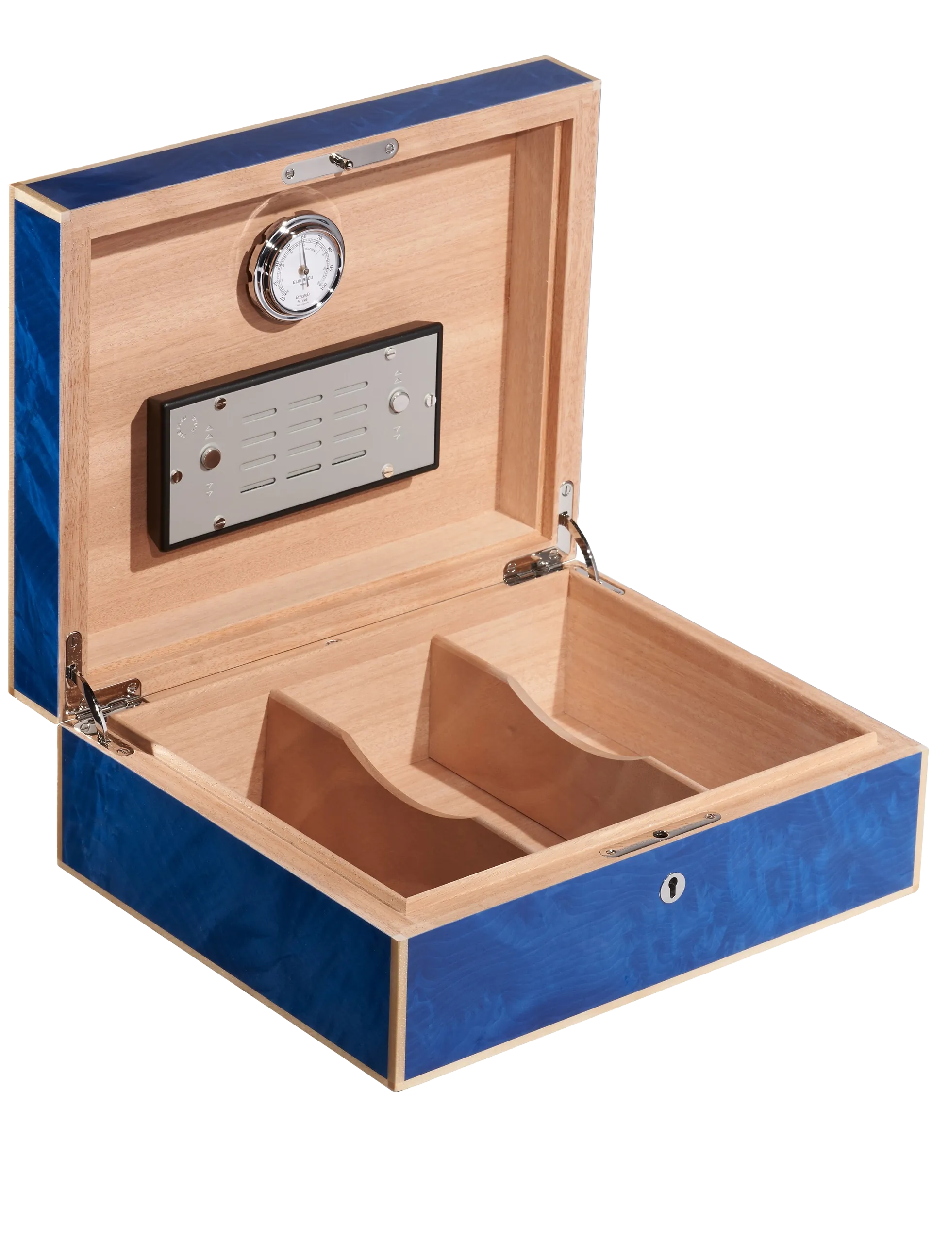 Cave à cigares Elie Bleu Madrona bleu, vue trois-quarts, un modèle luxueux pour 75 cigares.