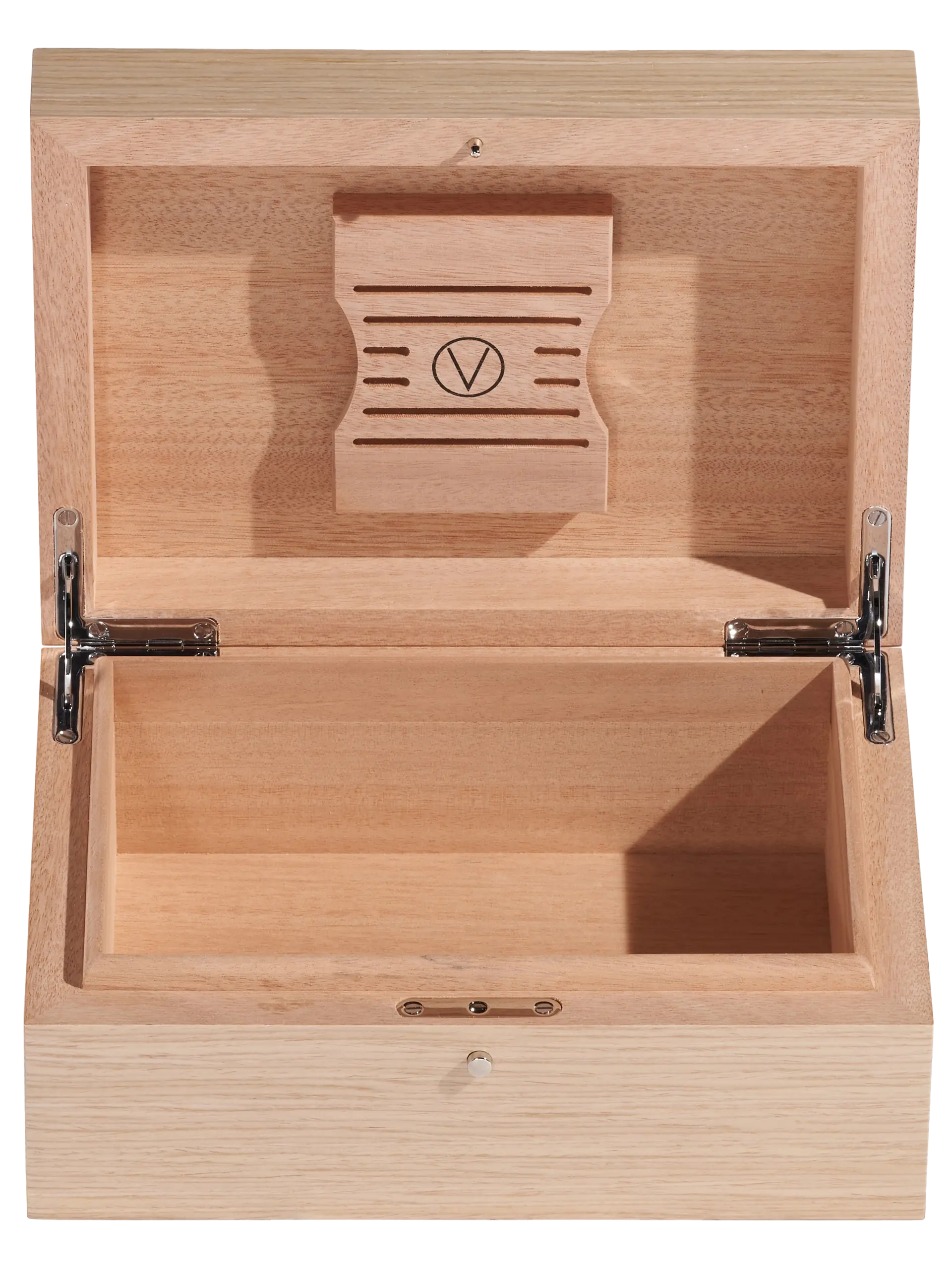 Cave à cigares Victor Alpi finition oak blanc cassé, ouverte avec vue inclinée, capacité de 20 cigares, disponible chez A La Civette Paris.