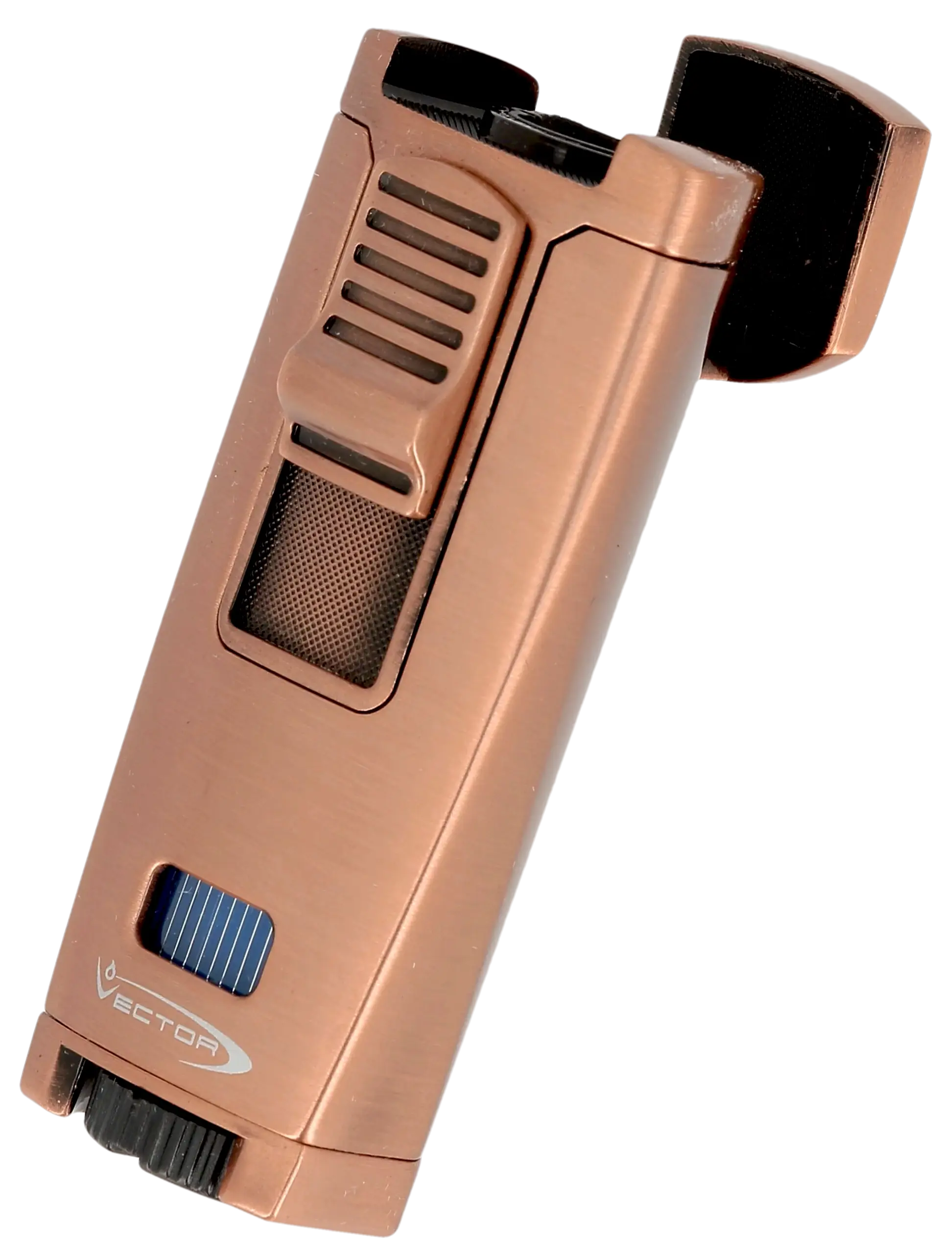 Briquet Vector Apex en cuivre satiné ouvert, offrant une flamme torche puissante - A La Civette.