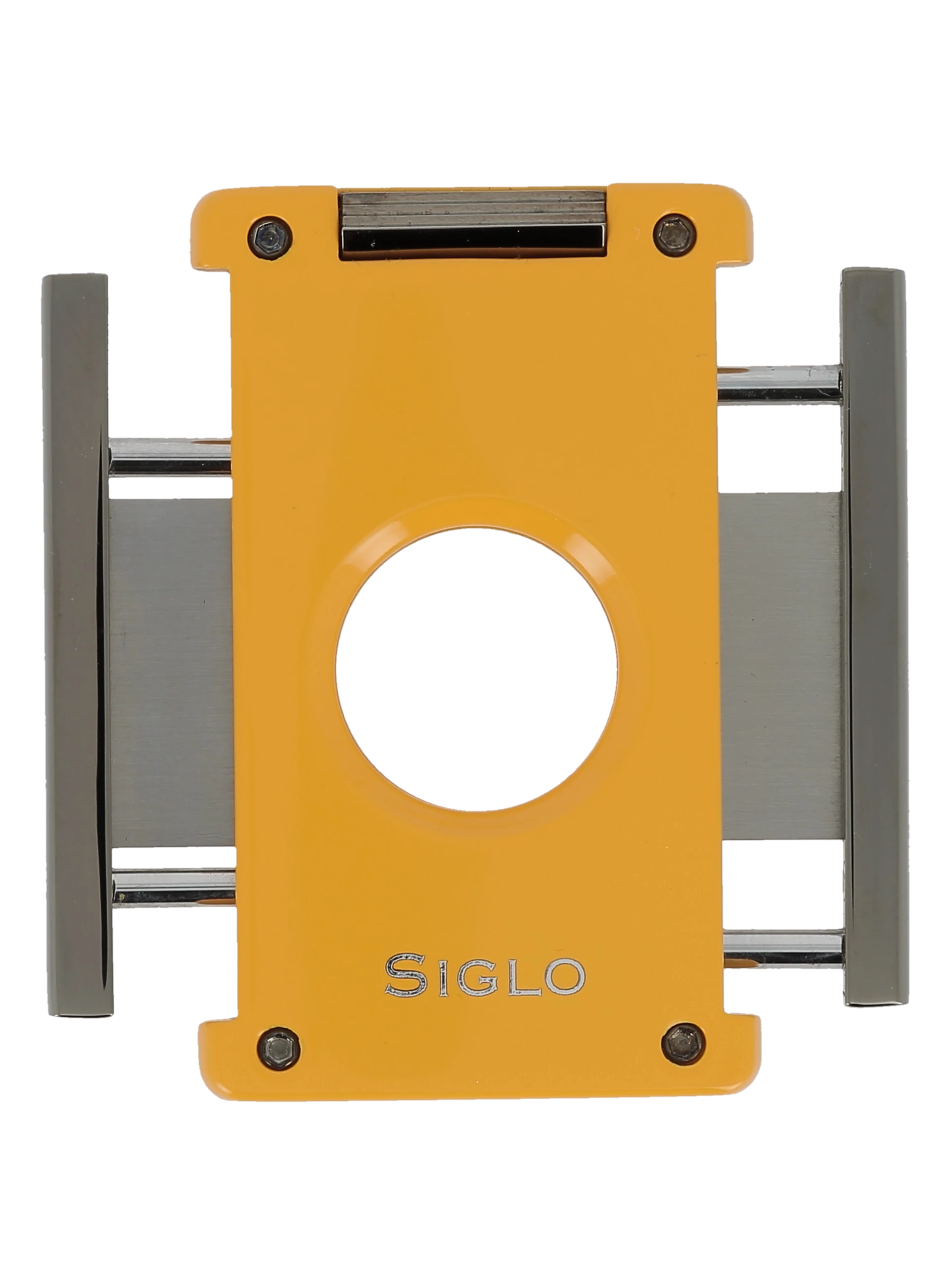 Coupe-cigare Siglo Switch Blade jaune, ouvert, avec son mécanisme de précision - A La Civette.