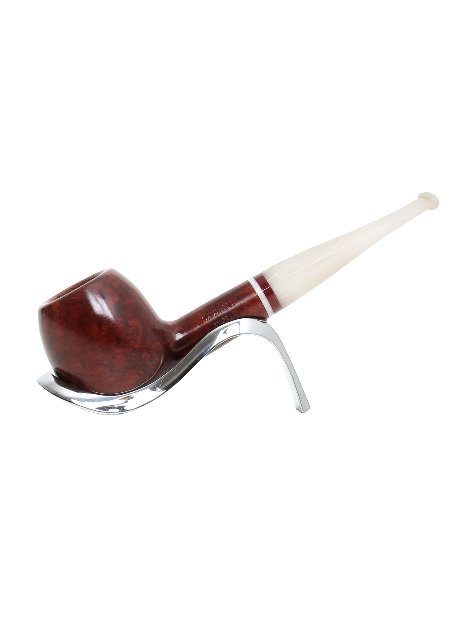 Pipe Savinelli Avorio 207 sur support, vue de profil, forme droite, finition naturelle, filtre 9 mm - A La Civette.