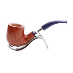 Pipe Savinelli Eleganza sur support, vue de profil, forme courbée, finition naturelle, filtre 9 mm - A La Civette.