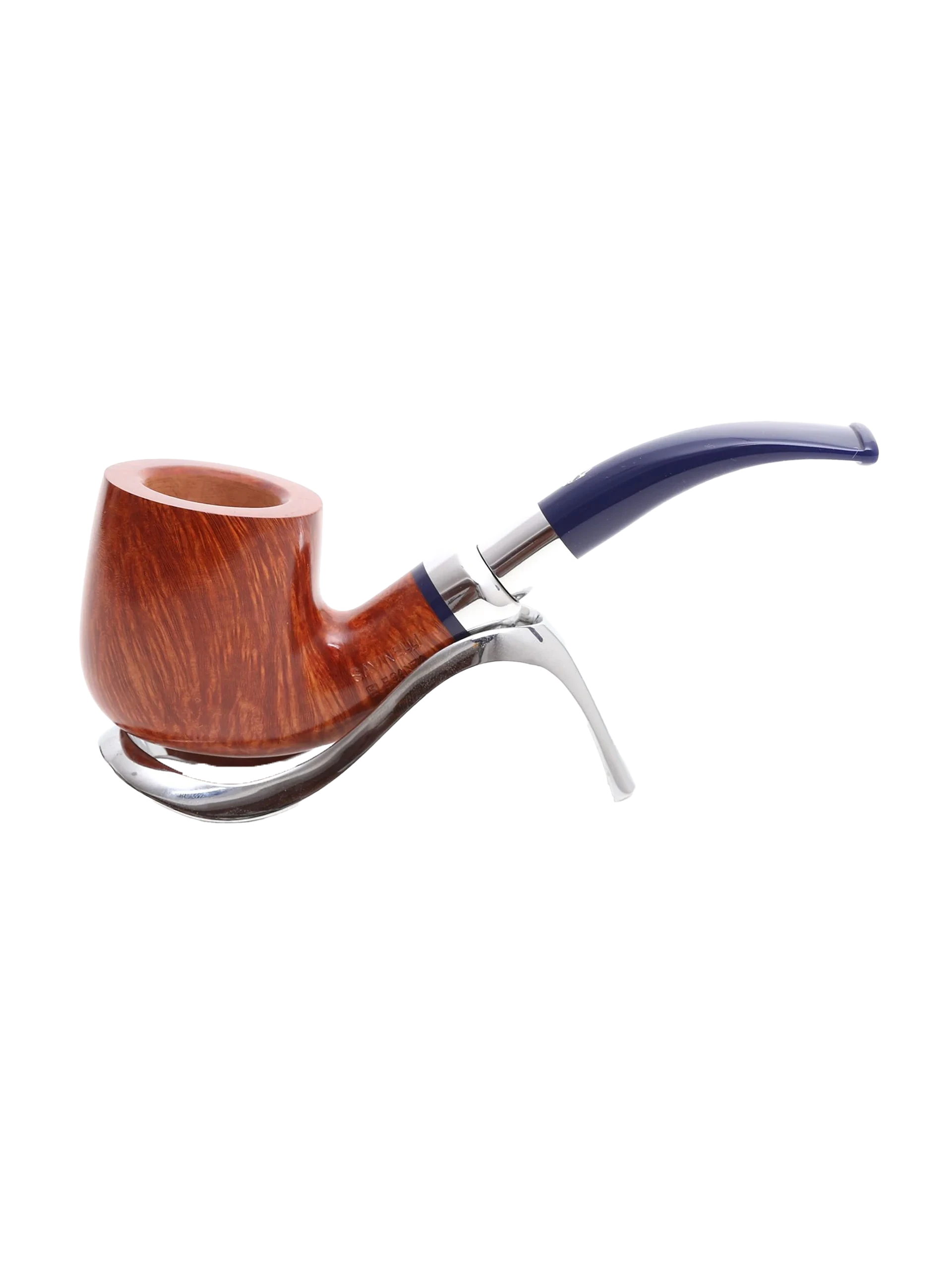 Pipe Savinelli Eleganza sur support, vue de profil, forme courbée, finition naturelle, filtre 9 mm - A La Civette.