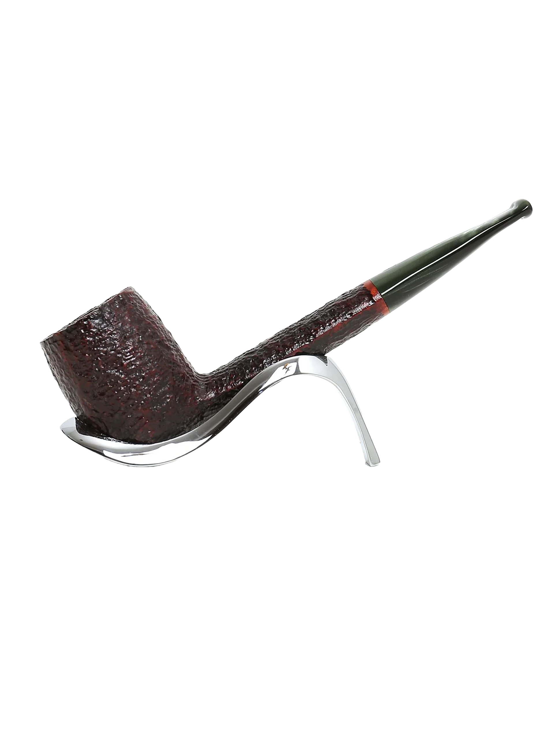 Pipe Savinelli Esploratore Alpino 806 sur support, vue de profil, forme droite, finition rustique, filtre 3 mm - A La Civette.