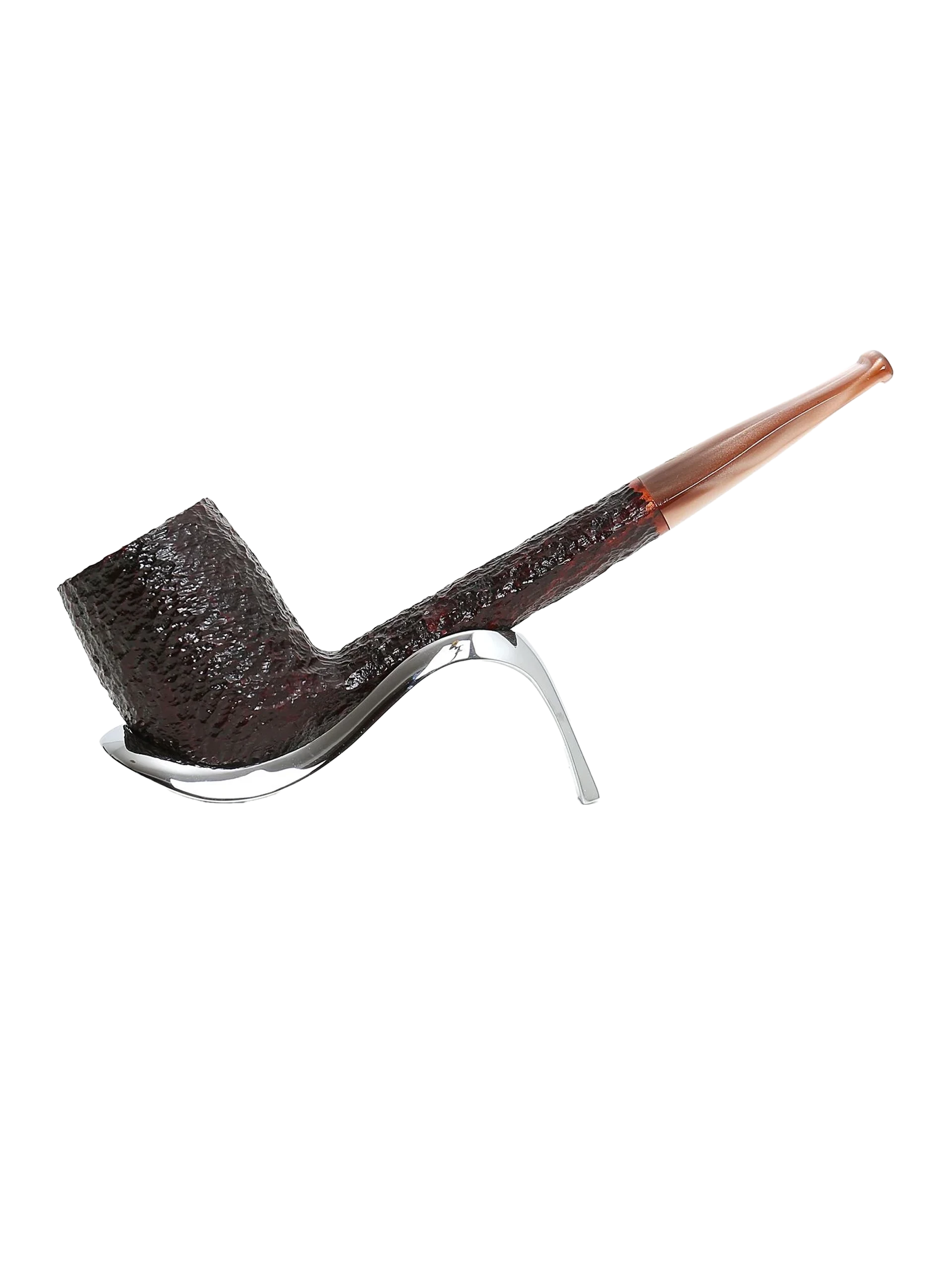 Pipe Savinelli Esploratore Boscaiolo 803 sur support, vue de profil, forme droite, finition rustique, filtre 3 mm - A La Civette.