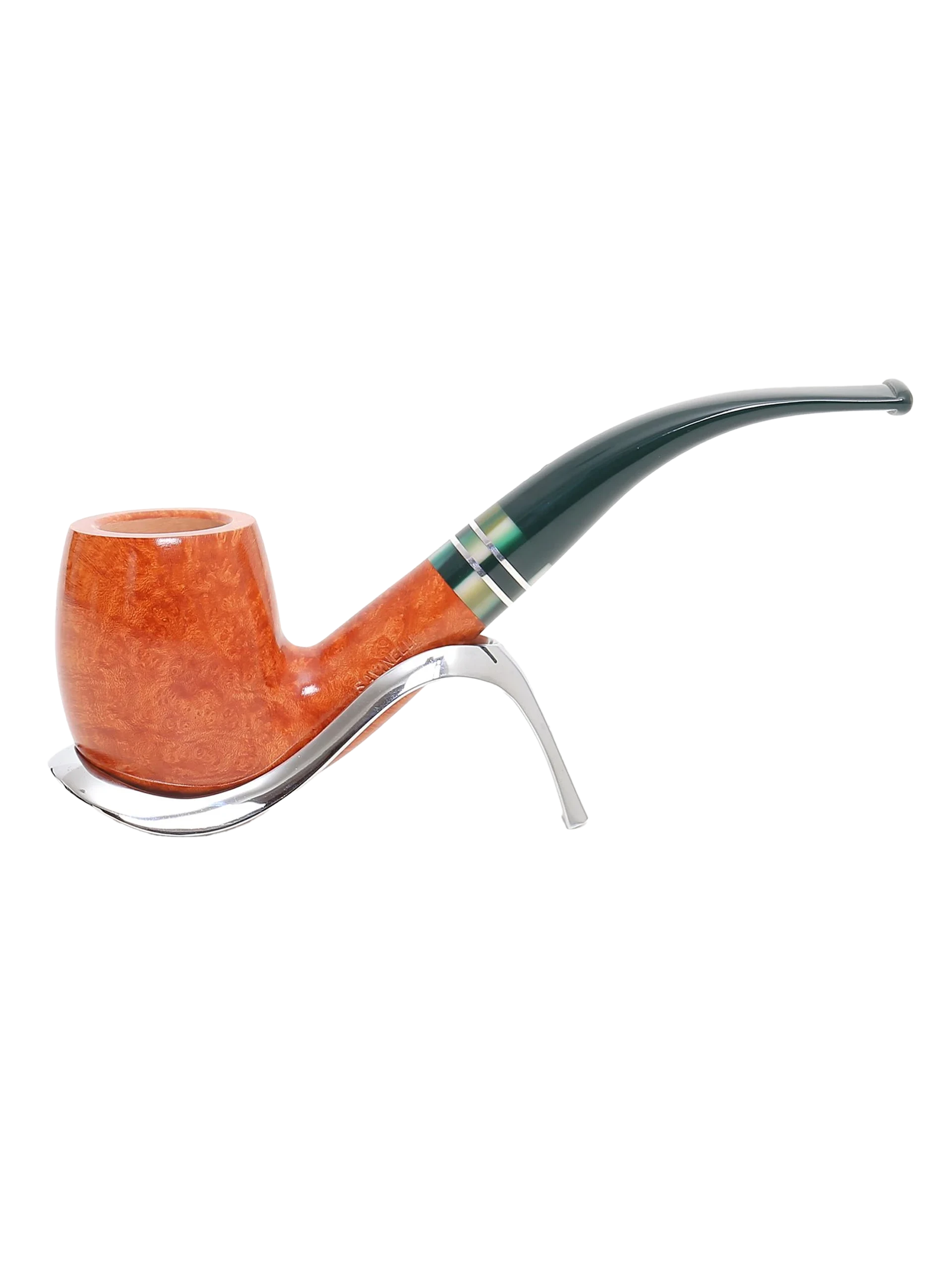 Pipe Savinelli Foresta 606 sur support, vue de profil, forme courbée, finition naturelle, filtre 9 mm - A La Civette.