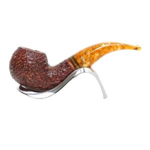 Pipe Savinelli Miele sur support, vue de profil, forme courbée, finition rustique, filtre 9 mm - A La Civette.