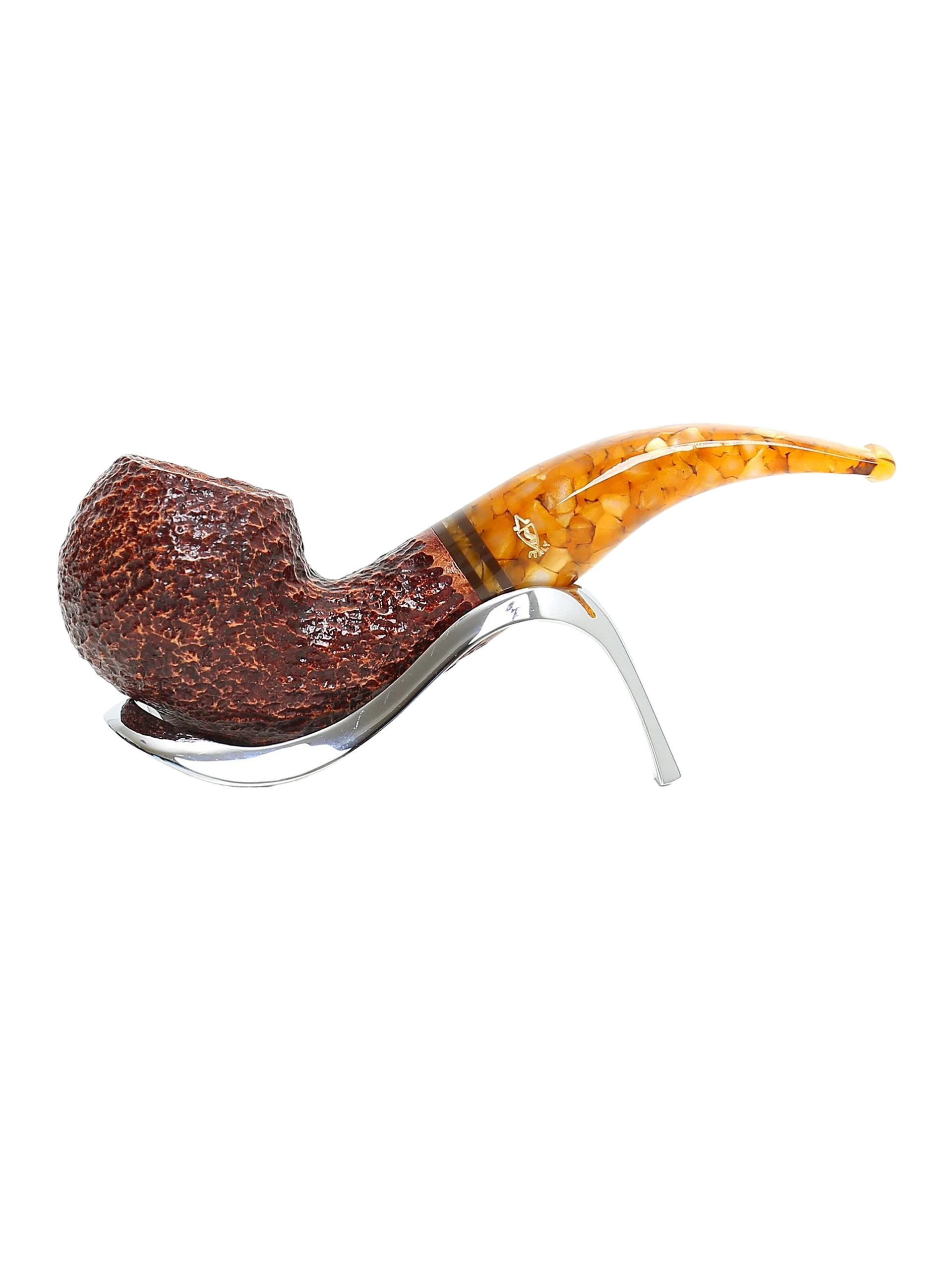 Pipe Savinelli Miele sur support, vue de profil, forme courbée, finition rustique, filtre 9 mm - A La Civette.