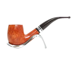 Pipe Savinelli Minerva Liscia sur support, vue de profil, forme courbée, finition naturelle, filtre 9 mm - A La Civette.