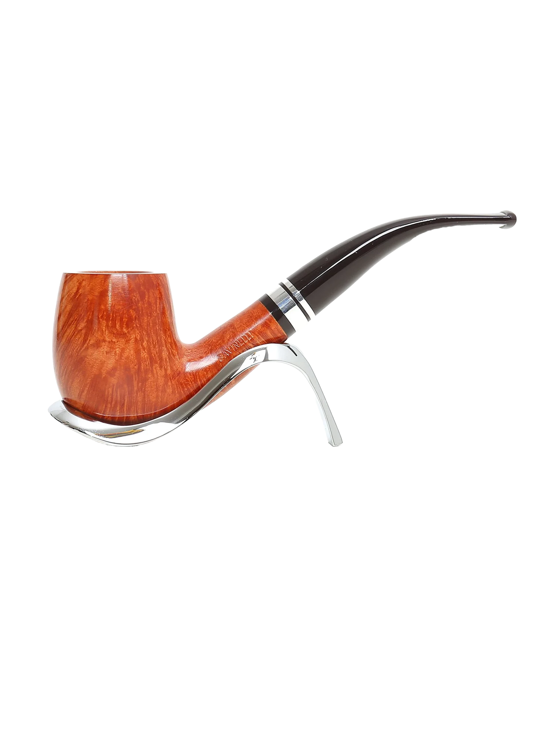 Pipe Savinelli Minerva Liscia sur support, vue de profil, forme courbée, finition naturelle, filtre 9 mm - A La Civette.