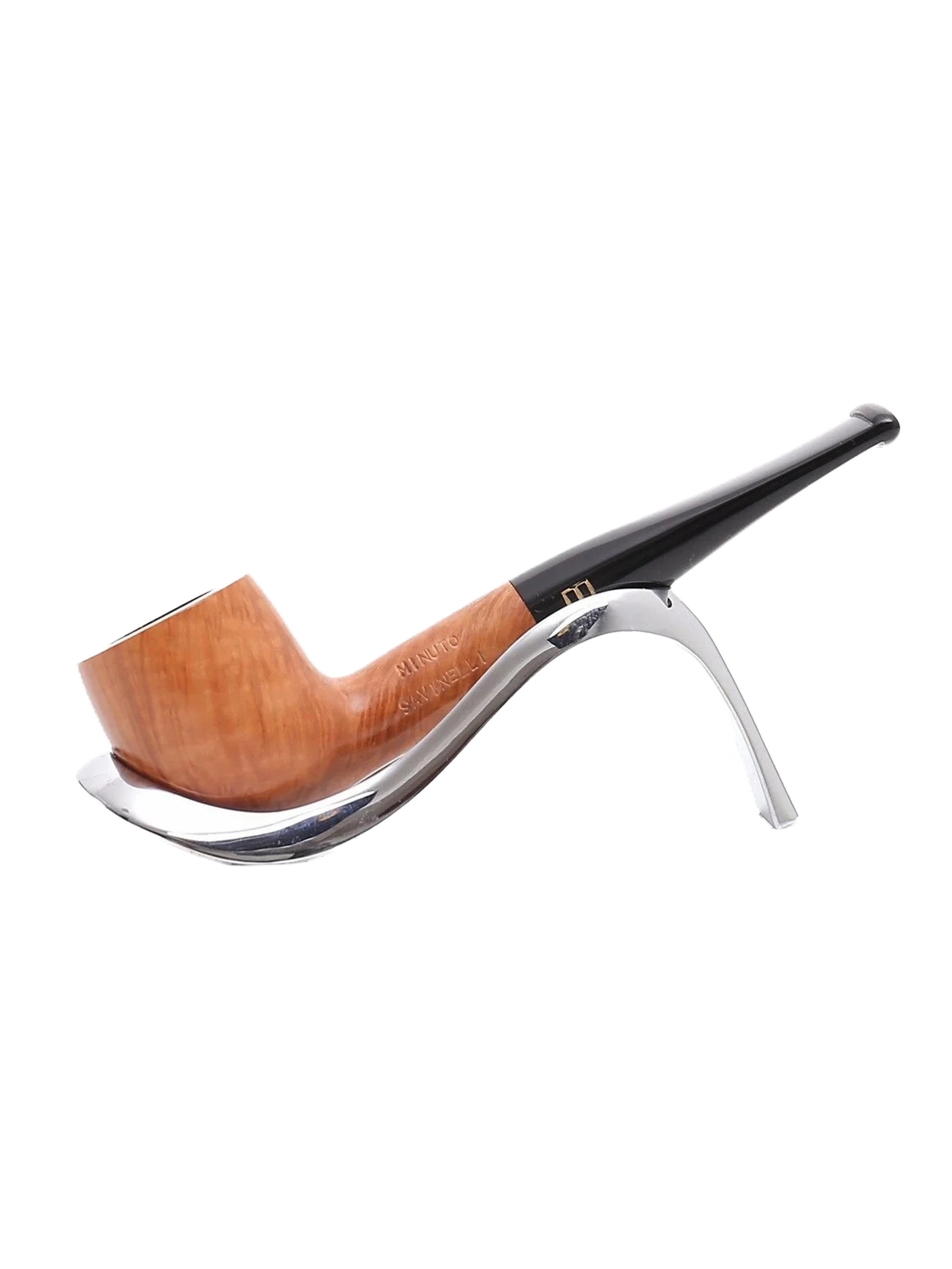 Pipe Savinelli Minuto 109 sur support, vue de profil, forme droite, finition naturelle, filtre 6 mm - A La Civette.