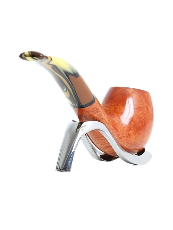 Pipe Savinelli Paloma sur support, vue arrière, forme courbée, finition naturelle, filtre 9 mm - A La Civette.