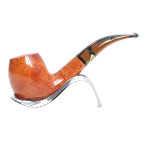 Pipe Savinelli Paloma 677 sur support, vue de profil, forme courbée, finition naturelle, filtre 9 mm - A La Civette.