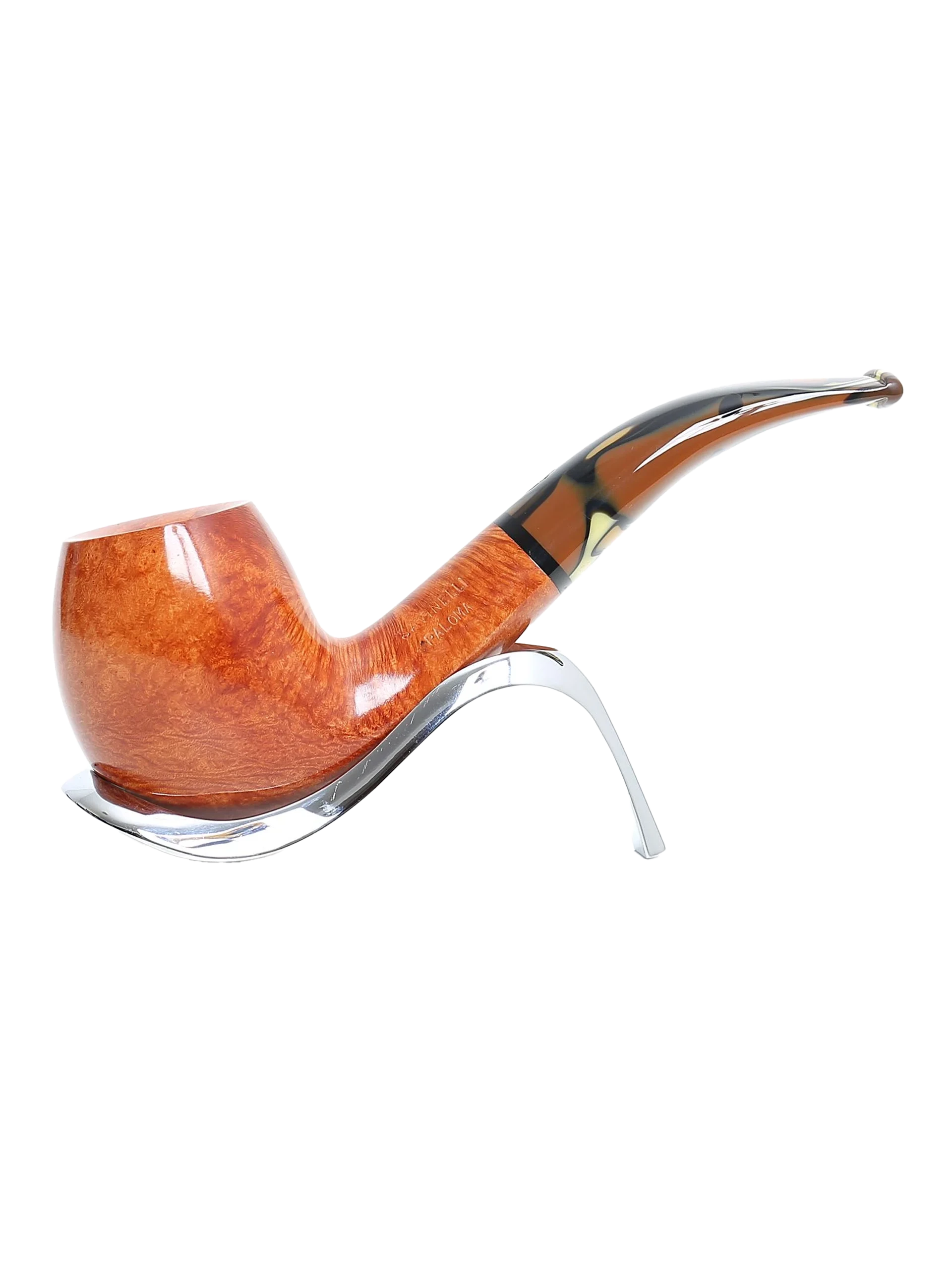 Pipe Savinelli Paloma sur support, vue de profil, forme courbée, finition naturelle, filtre 9 mm - A La Civette.