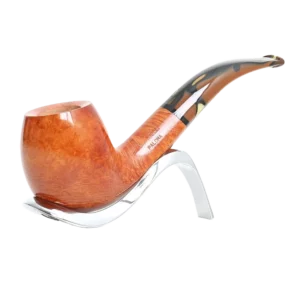 Pipe Savinelli Paloma sur support, vue trois quarts, forme courbée, finition naturelle, filtre 9 mm - A La Civette.