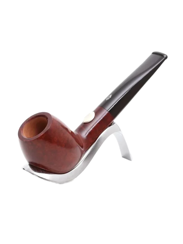 Pipe Savinelli Rugby 173 sur support, vue de profil, forme droite, finition naturelle, filtre 9 mm - A La Civette.