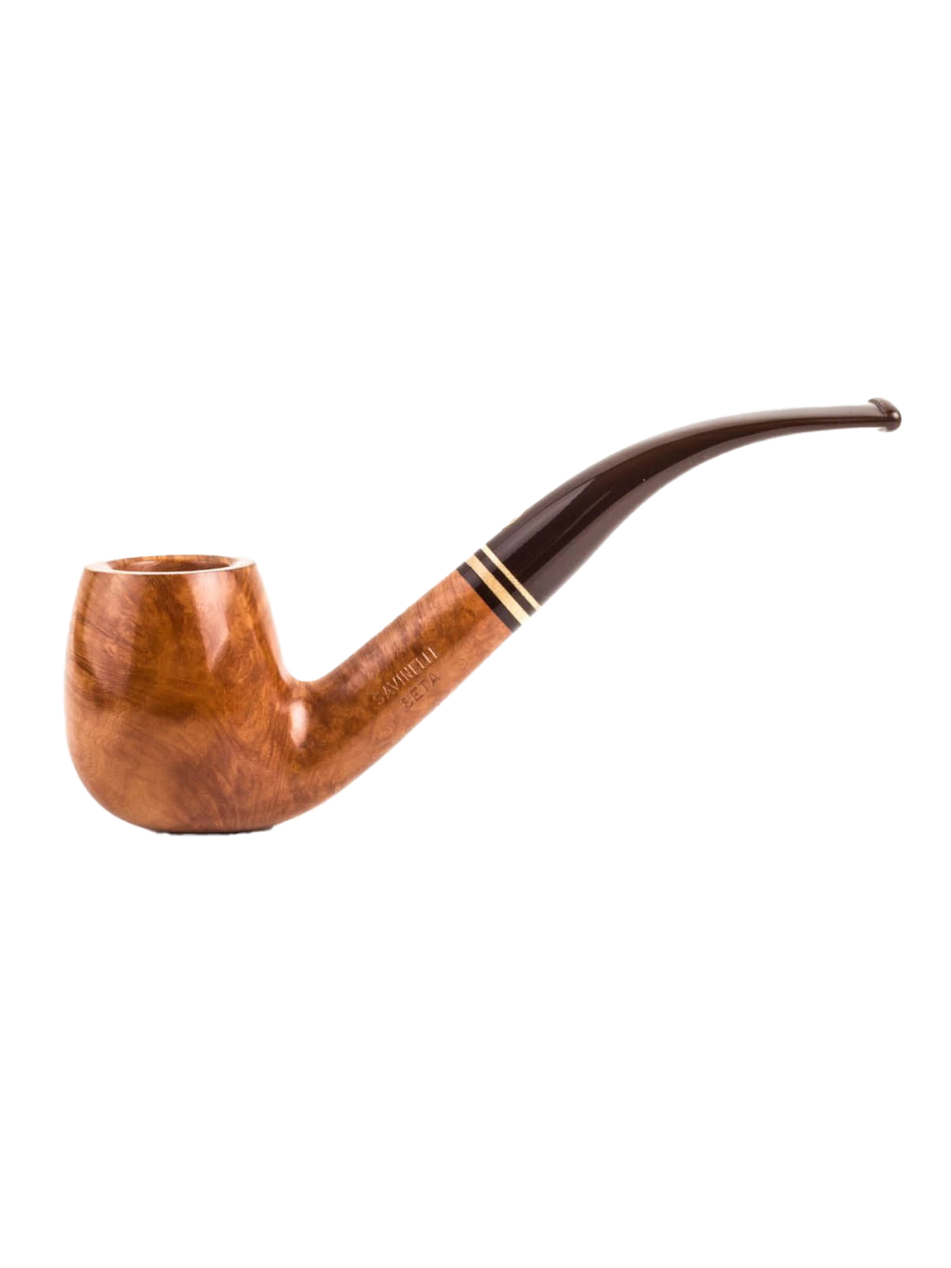 Pipe Savinelli Seta en vue de profil, forme courbée, finition naturelle, filtre 6 mm - A La Civette.