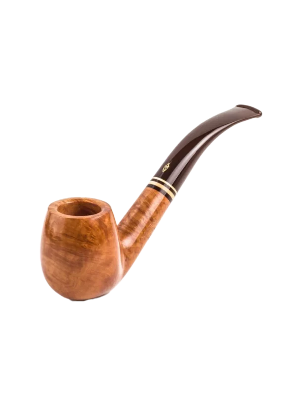 Pipe Savinelli Seta 602 en vue trois quarts, forme courbée, finition naturelle, filtre 6 mm - A La Civette.