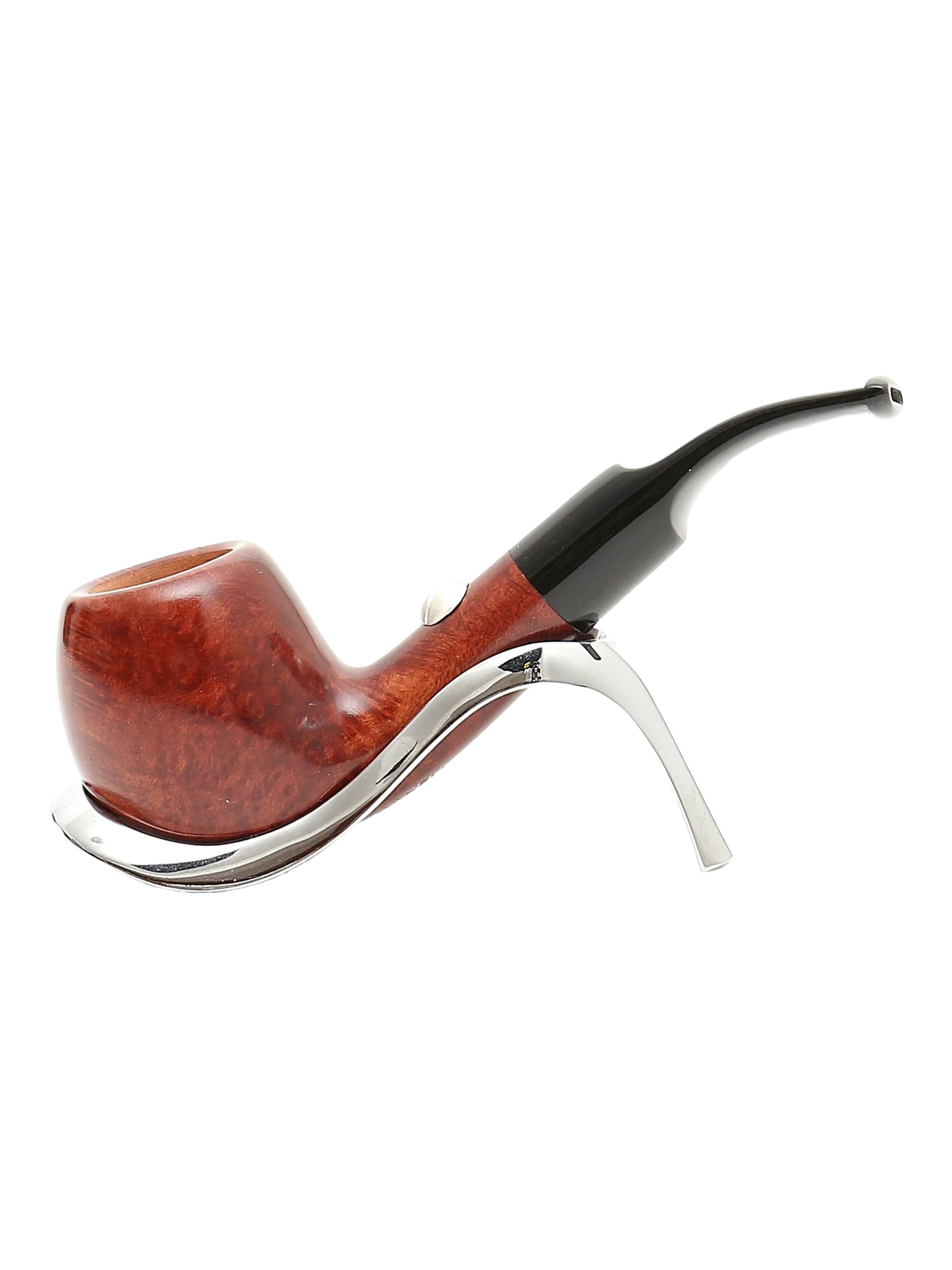 Pipe Savinelli Tennis sur support, vue de profil, forme courbée, finition naturelle, filtre 9 mm - A La Civette.