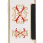 Briquet Prometheus Ultimo FF Opus X blanc vu de face – Logo Opus X doré sur fond blanc raffiné - A La Civette.