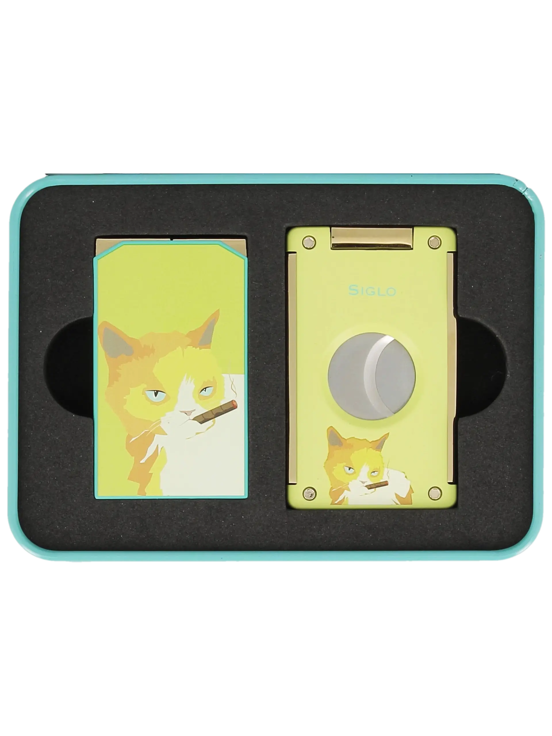 Coffret Siglo avec briquet Cat et coupe-cigares Cat, boîte ouverte - A La Civette.