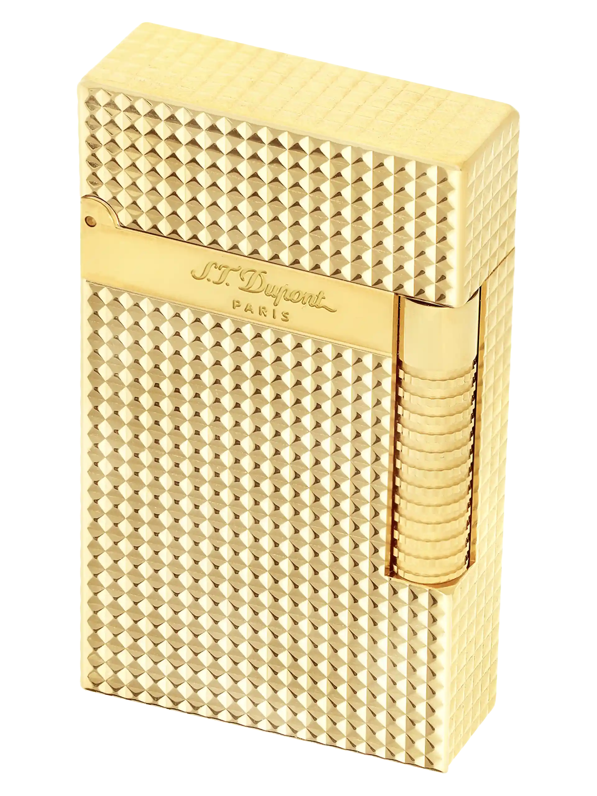 Briquet S.T. Dupont Le Grand Dupont Cling Pointe de Diamant Or Jaune incliné - Élégance intemporelle.