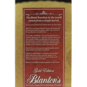 Dos de la boîte du Whisky Blanton’s Gold Edition – A La Civette Paris