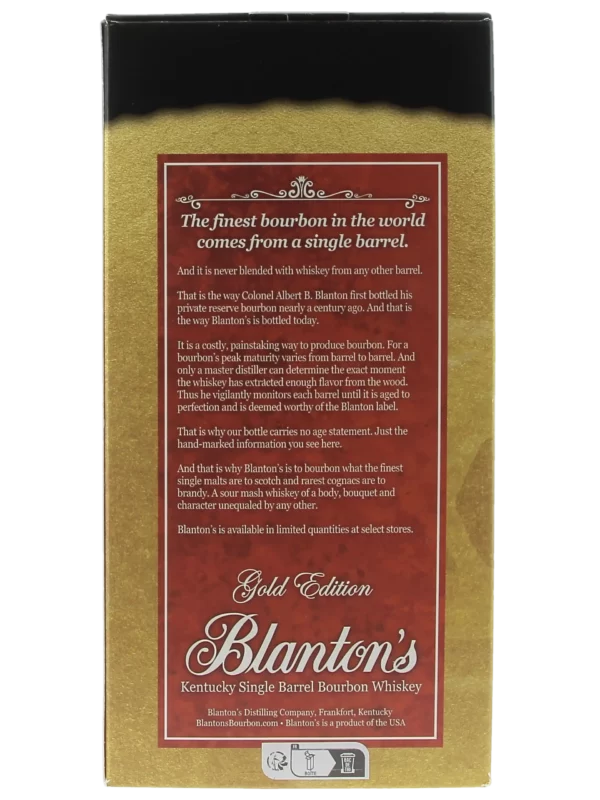 Dos de la boîte du Whisky Blanton’s Gold Edition – A La Civette Paris