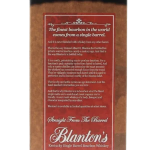 Dos de la boîte du Whisky Blanton’s Straight From The Barrel – A La Civette Paris