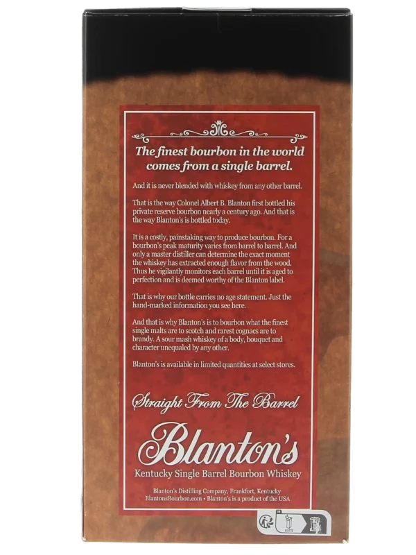 Dos de la boîte du Whisky Blanton’s Straight From The Barrel – A La Civette Paris