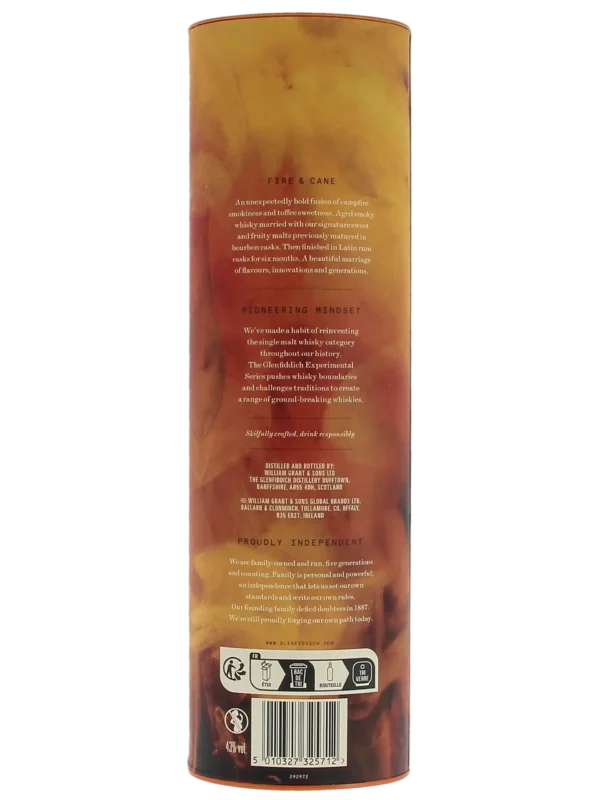 Dos de la boîte du Whisky Glenfiddich Fire & Cane – A La Civette Paris
