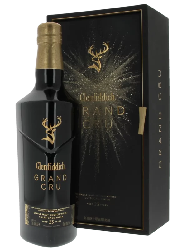 Whisky Glenfiddich Grand Cru 23 ans – boîte et bouteille face – A La Civette Paris