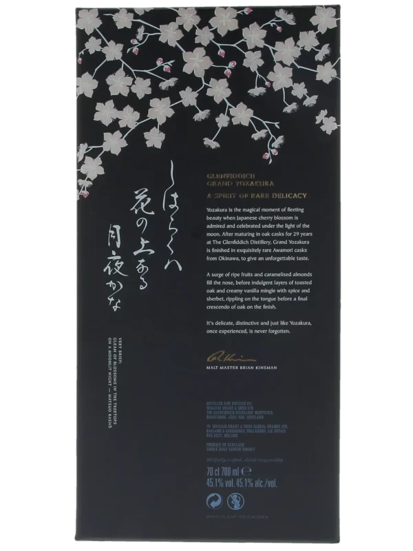 Dos de la boîte du Whisky Glenfiddich Grand Yozakura 29 ans – A La Civette Paris