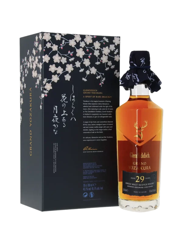 Whisky Glenfiddich Grand Yozakura 29 ans – bouteille face et dos de la boîte – A La Civette Paris