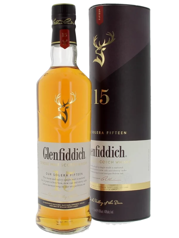 Whisky Glenfiddich Our Solera Fifteen 15 ans – boîte et bouteille face – A La Civette Paris