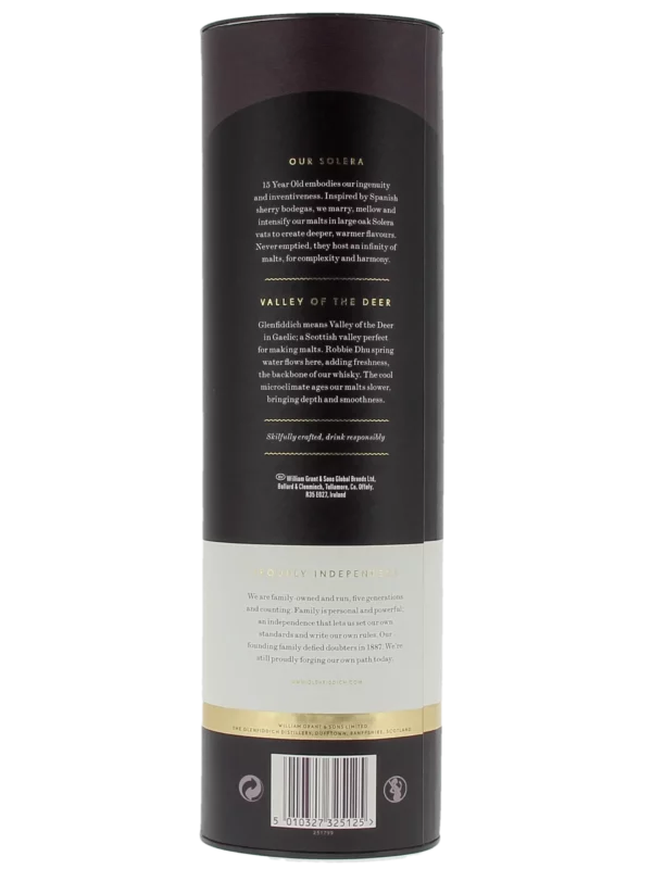 Dos de la boîte du Whisky Glenfiddich Our Solera Fifteen 15 ans – A La Civette Paris