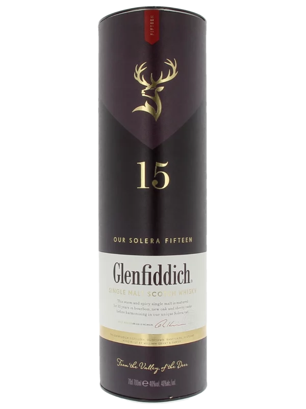 Face de la boîte du Whisky Glenfiddich Our Solera Fifteen 15 ans – A La Civette Paris