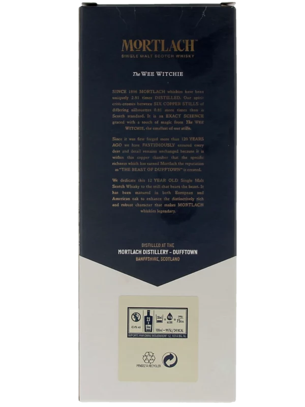 Dos de la boîte du Whisky Mortlach The Wee Witchie – A La Civette Paris