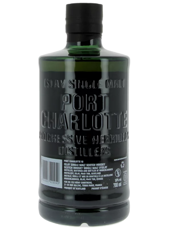 Dos de la bouteille du Whisky Port Charlotte 10 ans – A La Civette Paris