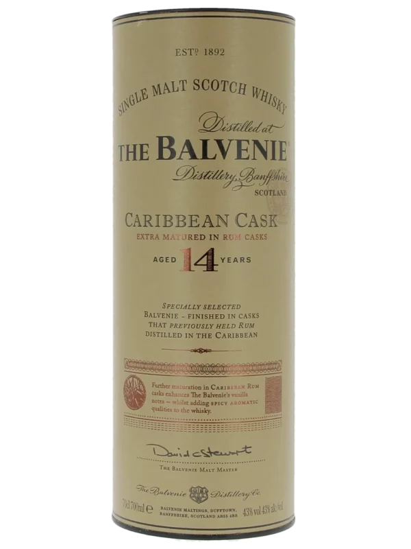 Face de la boîte du Whisky The Balvenie Caribbean Cask 14 ans – A La Civette Paris