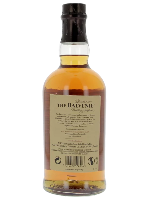 Dos de la bouteille du Whisky The Balvenie Caribbean Cask 14 ans – A La Civette Paris