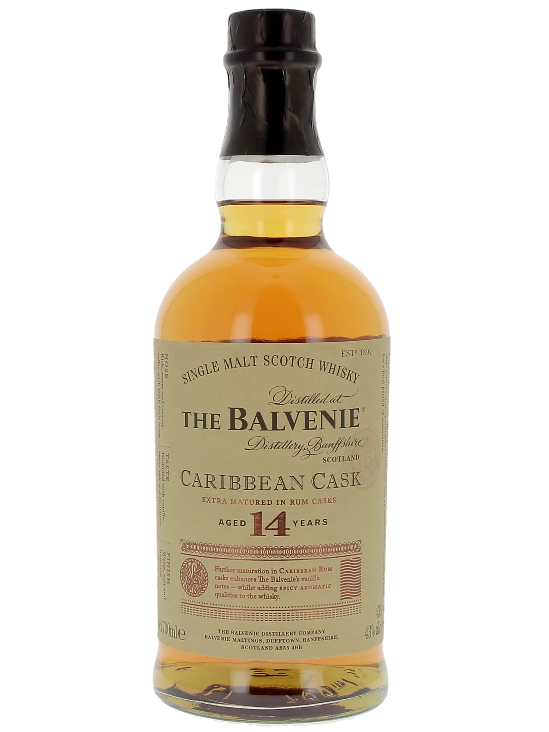 Bouteille face du Whisky The Balvenie Caribbean Cask 14 ans – A La Civette Paris