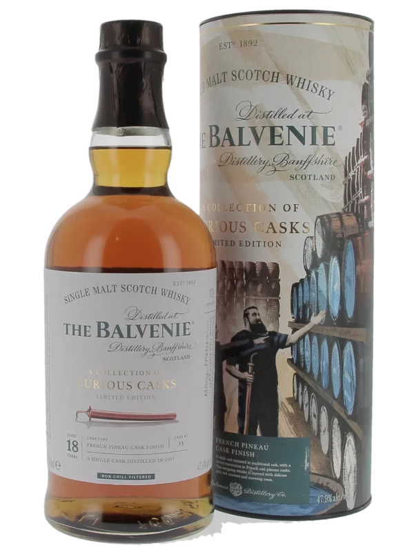 Whisky The Balvenie Curious Cask 18 ans – boîte et bouteille face – A La Civette Paris
